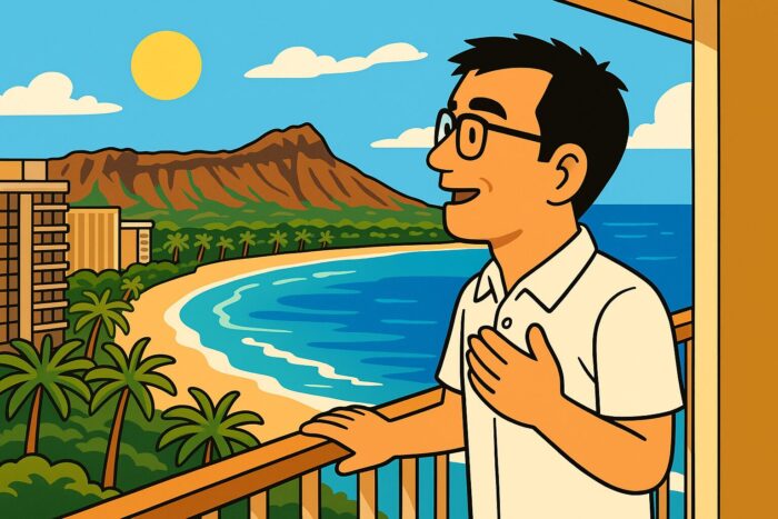コンドのラナイからワイキキビーチとダイヤモンドヘッドを眺める筆者のイラスト
