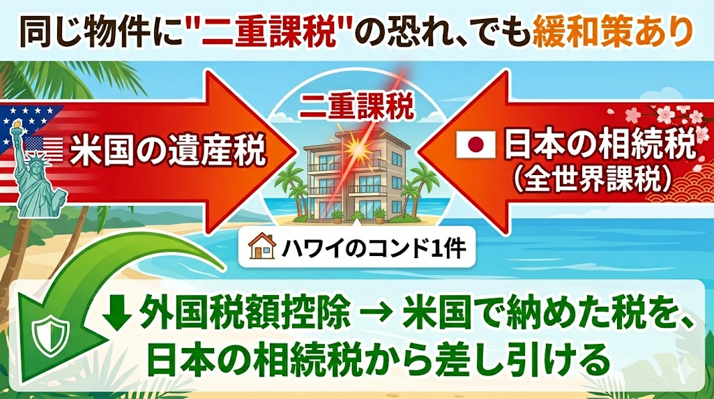 ハワイ不動産にかかる日米二重課税と外国税額控除の仕組みを示した図解