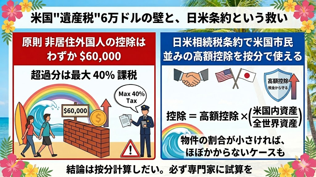 米国遺産税の6万ドル控除と日米相続税条約による按分控除を説明した図解