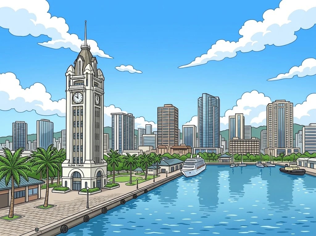 アロハタワーとホノルル・ダウンタウンのオフィス街のイラスト